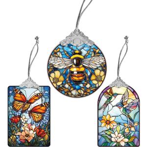 Set of 3 Christmas Tree Ornaments, Stained Glass Style Hanging Decorations and Acrylic Window Suncatchers, Hummingbird, Butterfly and Bee Designs, for Women Mom