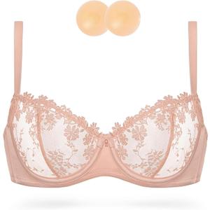 Wingslove Women's Sexy Lace Bra Demi Sheer Mesh Balconette See Through Bralette Unlined Underwire Embroidered (Pink Nude,38C)