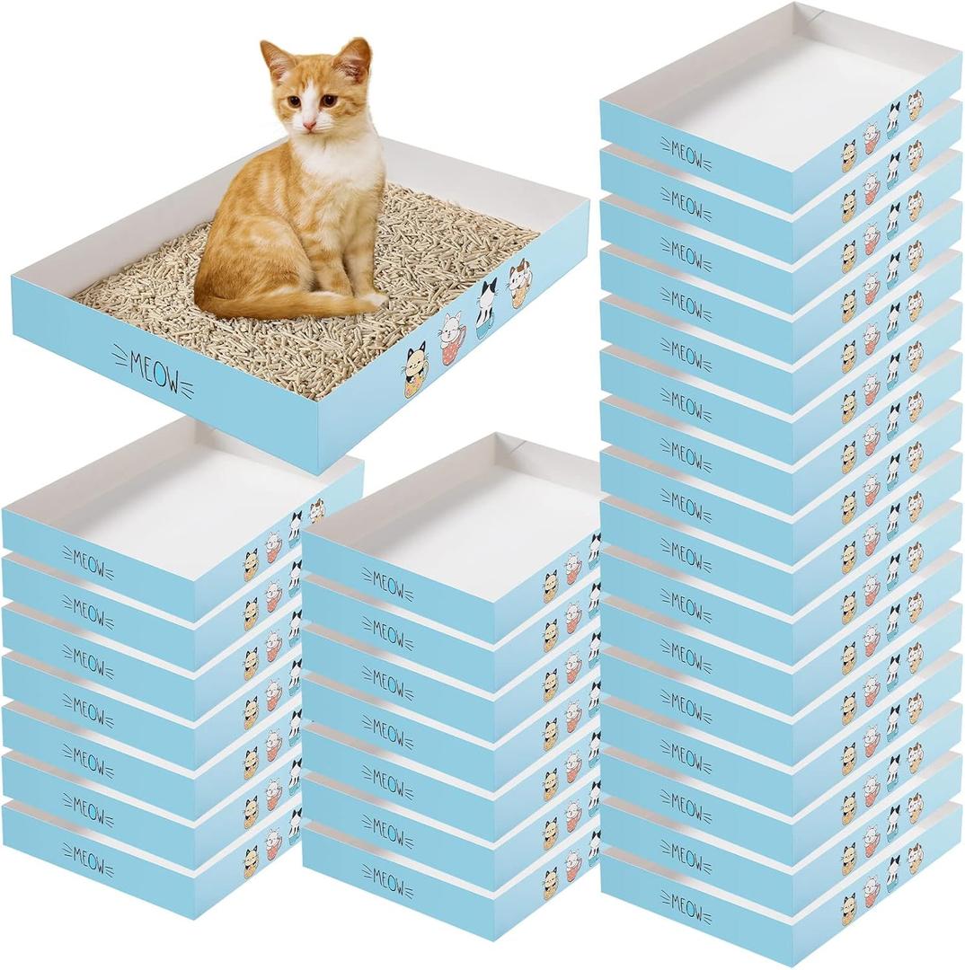 Roshtia 30 Pcs Disposable Cat Litter Box Foldable Paper Kitty Litter Tray 13.8 x 10 x 2 Inch Portable Kitten Litter Box Low Entry Waterproof Lightweight Cardboard Litter Tray (Blue Meow)