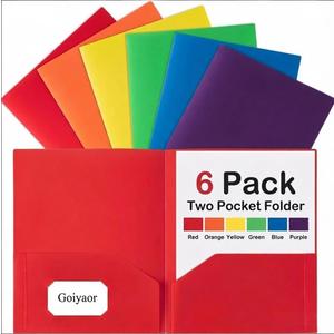 6 Pack Plastic Folders with Pockets, 6 Assorted Colors, 2 Pocket Folders for Documents, Heavy Duty Poly Pocket Folders with Business Card Slot, File Folders for Office School Home Organization