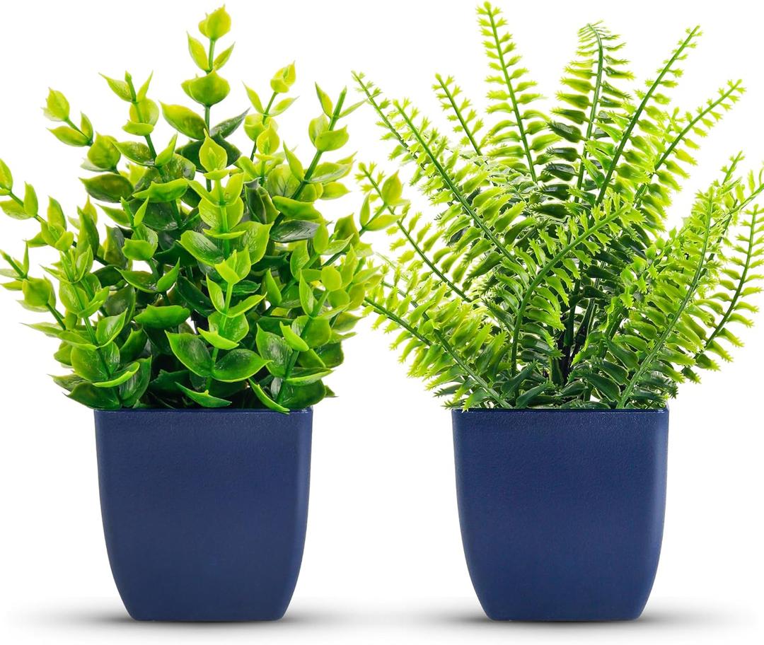 Der Rose 2 Pack Fake Plants Small Artificial Plants in Blue Pots Faux Plants Indoor for Home Room Bathroom Living Room Decor