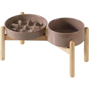 Havniva Ceramic 1.2 Cup Raised Slow Feeder Dog Bowl Set, Elevated 6.1inch Bowl and 7.3inch Slow Pet Food Dish with Wooden Stand for Small and Medium Dog (2 x Brown Coffee+ Stand)