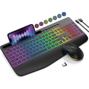 Wireless Keyboard and Mouse Combo, 9 Backlit Effects, Wrist Rest, Phone Holder, 2.4G Lag-Free Ergonomic Keyboards, Rechargeable Silent Cordless Set for Computer, Laptop, PC, Mac, Windows -SABLUTE (Classic Black)