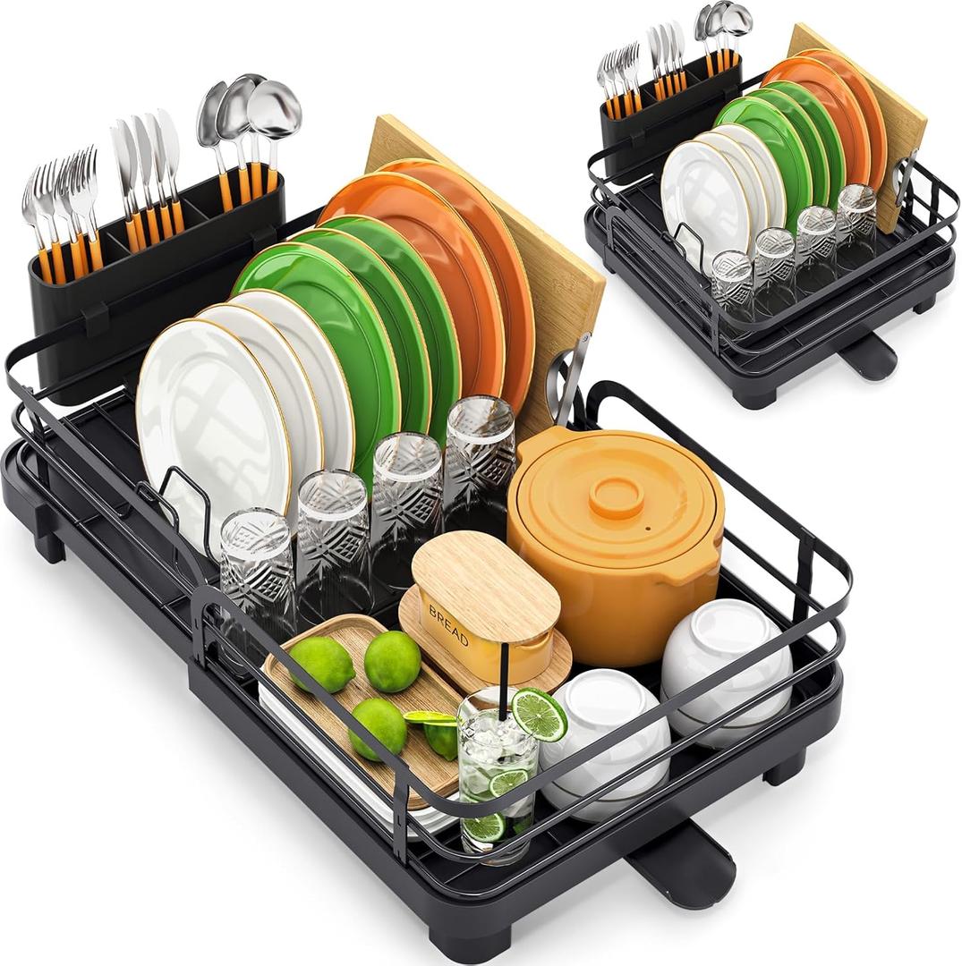 TOOLF Expandable Dish Rack, Dish Drying Rack for Kitchen Counter, Foldable Dish Dryer Rack, Stainless Steel Dish Drainer Racks with Cutlery Holder, Collapsible Dish Drying Racks Standard Size,Black