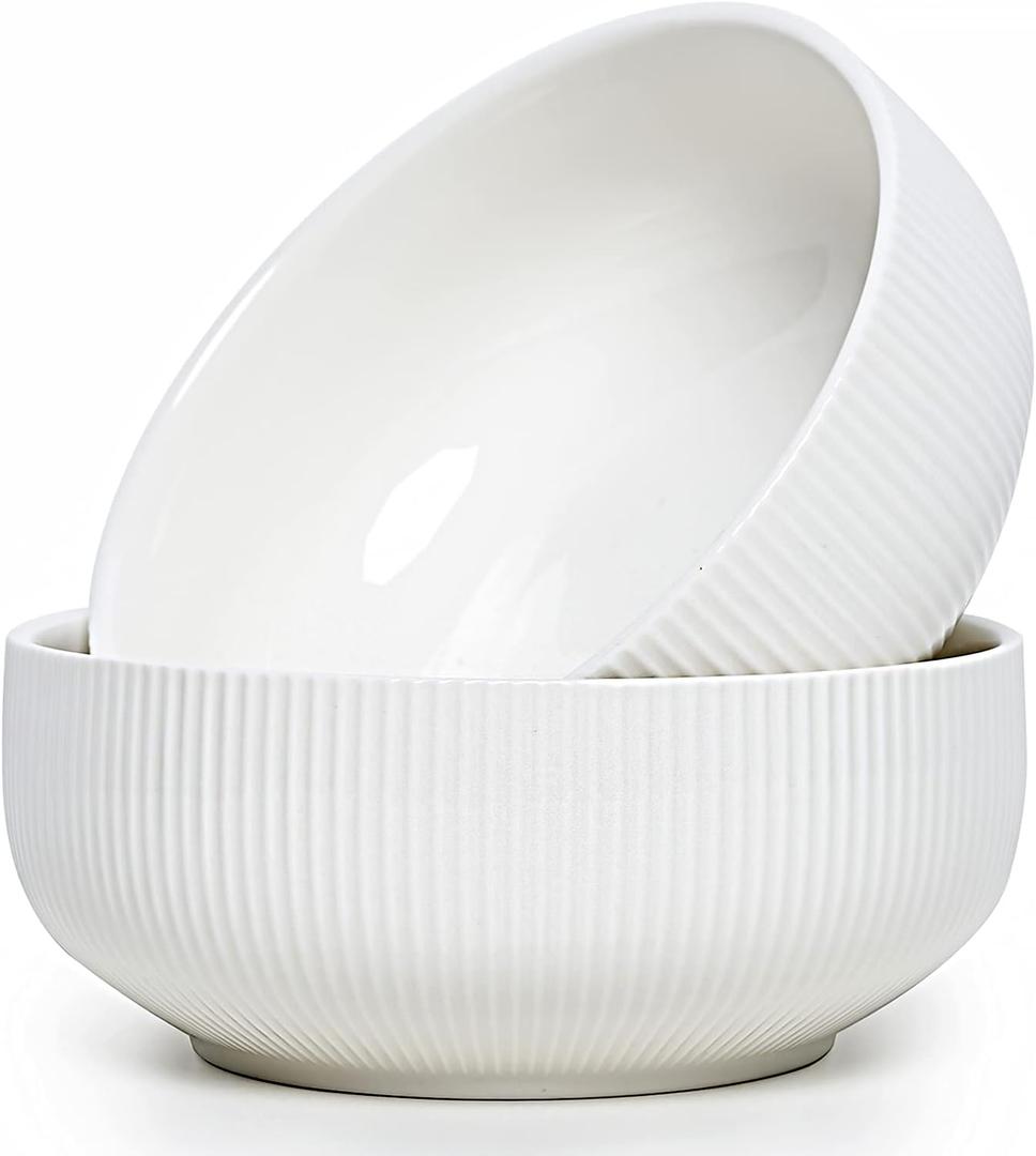 getstar Salad Bowl, 8 inch 60 oz Large Serving 2 Packs Ceramic Bowl Set, Microwave & Freezer Safe, Bowl Set of 2 For Fruit Soup Pasta Popcorn (White)