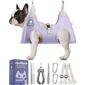 Loflaze Dog Grooming Hammock Harness for Dogs & Cats with Pet Nail Clipper Trimmer - Cat Hanger Sling for Trimming Clipping Nails- Dog Hammock Restraint Bag for Small Medium Large pet  Purple M (M ( Legs Distance : 7-14" / Max W45lb ))