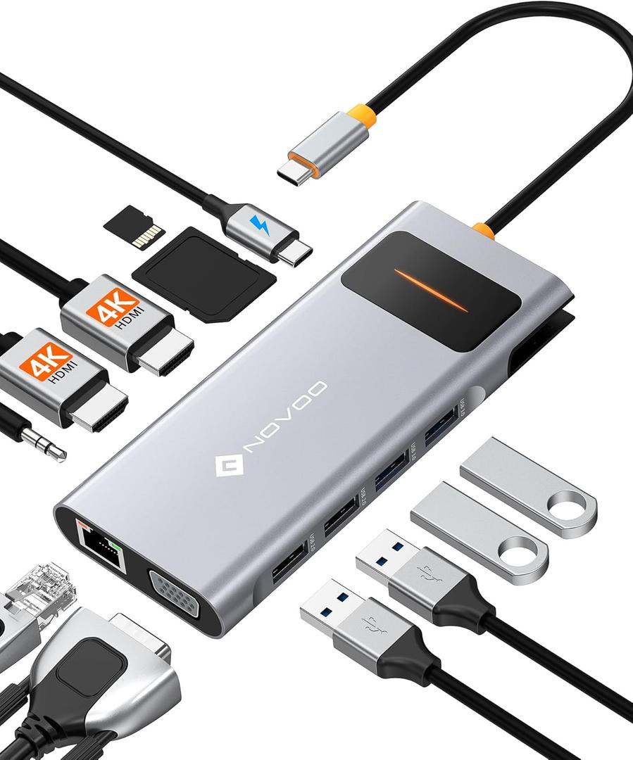  NOVOO USB C Docking Station Dual Monitor HDMI for Dell HP Laptop Type USB C Hub Multiport Adapter Thunderbolt 3 Dongle to 2 HDMI 4K Ethernet 4 USB PD SD TF Audio for Lenovo Surface 12 In 1 