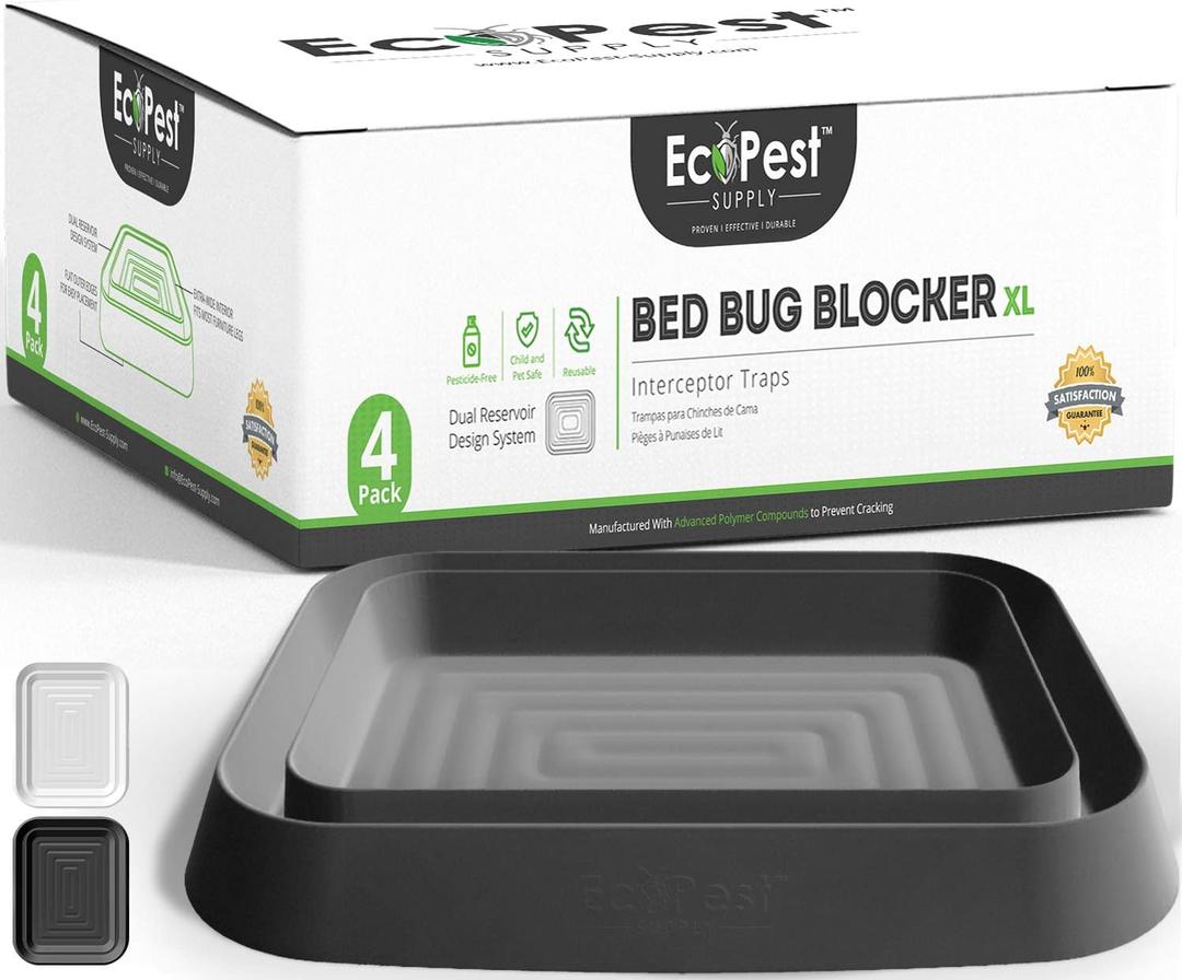 Bed Bug Interceptors  4 Pack | Bed Bug Blocker (XL) Interceptor Traps (Black) | Extra Large Insect Trap, Monitor, and Detector for Bed Legs