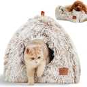 CATISM Cat Bed, Cat Cave for Indoor Cats, Soft Cat Dome, Self-Warming 2 in 1 Foldable Pet Cat House with Washable Cushioned Pillow Calming Fluffy Dog Beds for Small Dogs with Anti-Slip Bottom Brown