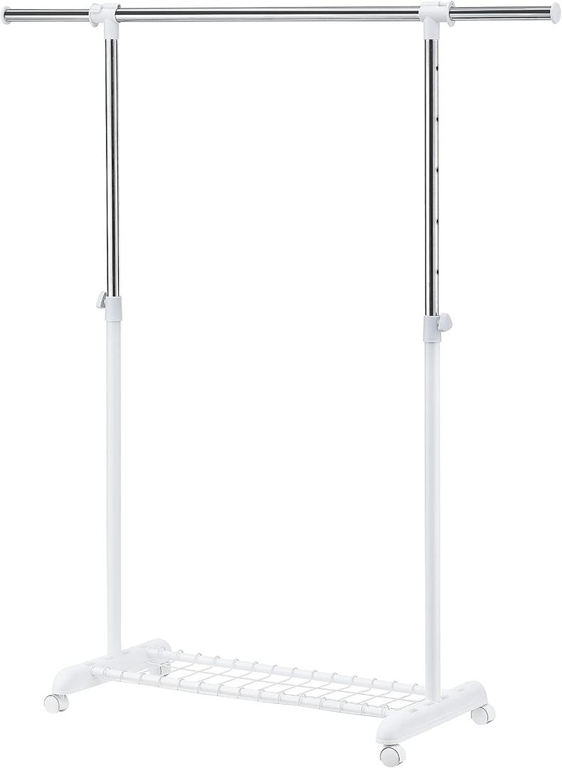 LiaMeE Adjustable Clothing Rack for Hanging Clothes, Heavy Duty Garment Rack with WheelsFree Standing Rolling Clothes Rack with Shelf & Grid, Easy Assembly Standard Rod, White & Chrome