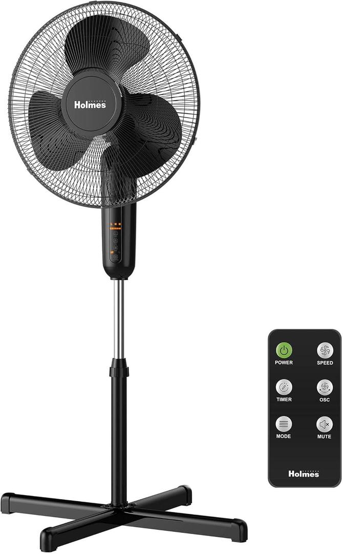 HOLMES 16" Digital Stand Fan, 80 Oscillation, 3 Speeds, 3 Modes, 7.5 Hour Timer, Adjustable Height, 30 Adjustable Head Tilt, Ideal for Home, Bedroom or Office, Remote Control, Black (16 Inch)