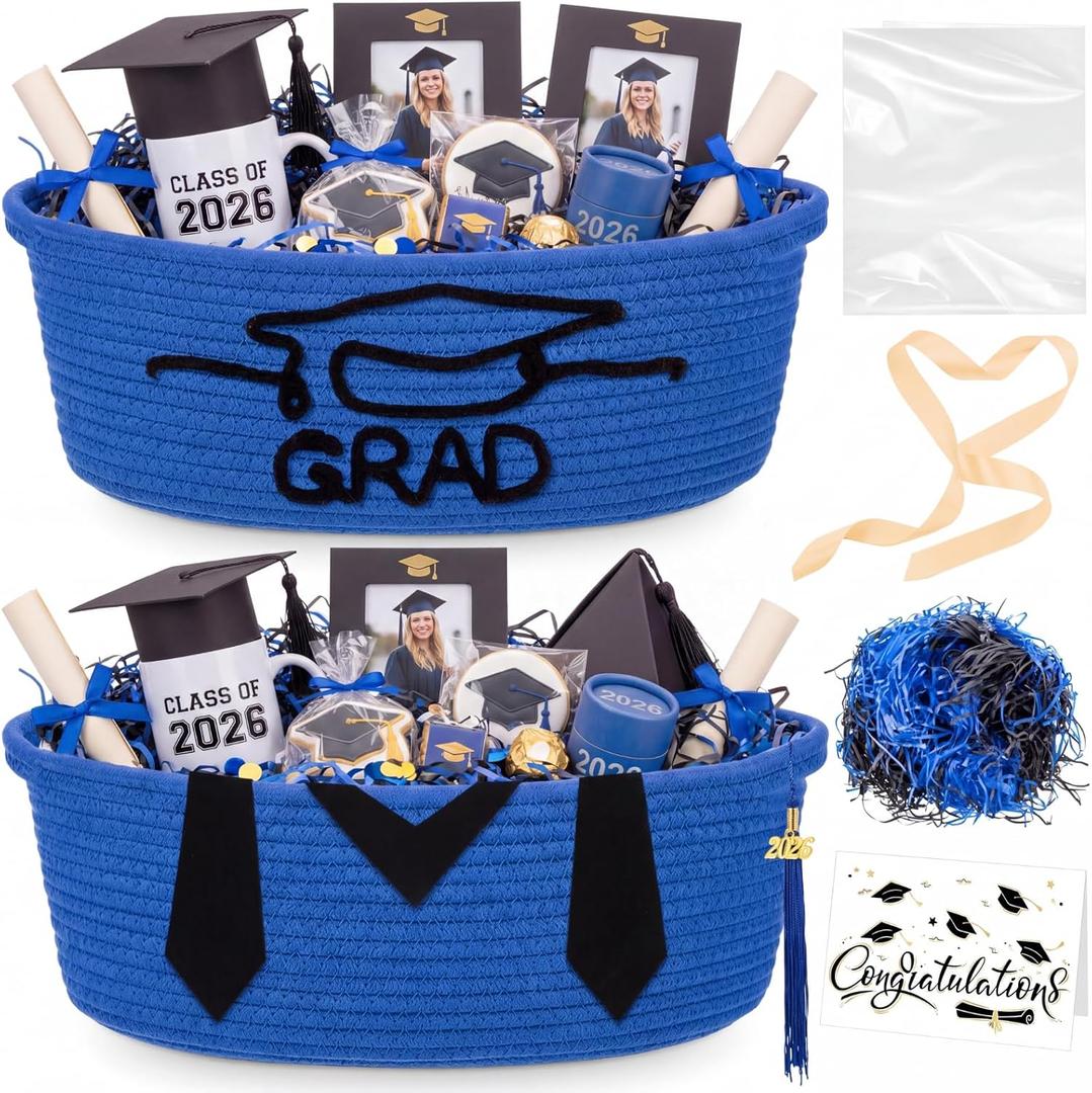 Colingmill 2 Pack Class of 2026 Graduation Empty Gift Basket 14''x10''x5.5'' Woven Rope Basket Empty to Fill with Grad Design Bag Ribbon Card Tassel, Decorative DIY Congrat Gift(Royal Blue and Black)