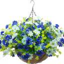 Artificial Faux Hanging Plants Flowers Basket for Summer Autumn Outdoor Outside Porch Decoration, Fake Silk Colorful Daisy Eucalyptus UV Resistant Look Real for Home Patio Balcony Yard (Blue)