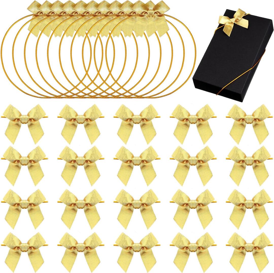 Windyun 60 Pcs Elastic Bows for Gift Boxes Wrapping 15.74 Inches Valentine's Stretch Elastic Loops with Ribbon Bows Crafts Wrapping Rope for Valentine's Gifts Weddings Party Favors (Gold)
