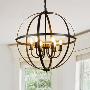 DLLT 6-Light Orb Chandelier, Black Globe Pendant Light Fixtures, Industrial Sphere Pendant Lighting Over Island, Adjustable Hanging Light with Metal Cage for Dining Room, Foyer, E12 Bulbs Not Included