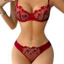 Lilosy Sexy Floral Embroidered Flower Mesh Underwire Push Up Lingerie Set (XX-Large)