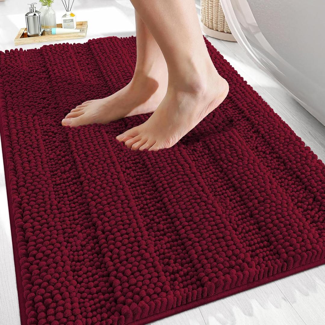 OLANLY Thick Bathroom Rugs 30x20, Extra Soft Absorbent Chenille Striped Bath Rugs, Rubber Backing, Machine Wash Dry, Bath Mats for Bathroom Floor, Tub and Shower, Home Decor Accessories, Burgundy