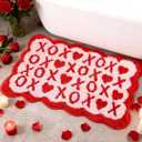 Dunzy Valentines Bathroom Rug Valentines Bathroom Decor Heart Red Bath Mat XOXO Scalloped Heart Tufted Non Slip Washable Door Mat for Home Kitchen Shower, 23.6 x 14.9 Inch