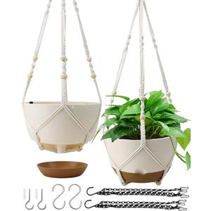 Hanging Planters for Indoor Plants, 2 Pack 10 Inch Self Watering Pots with Macrame Plant Hanger, Hanging Baskets Holder for Outdoor Garden Home Ceiling Window Decor (White)