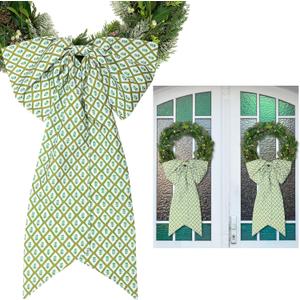 2 Pcs Green Block Print Bow Wreath Sash 24 x 16 Inch Christmas Wreath Sash for Front Door Holiday Floral Burlap Bow Accessories for Doorway Indoor Outdoor Garland Home (Green)