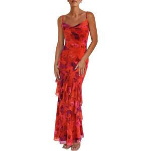 PRETTYGARDEN Maxi Dresses for Women 2025 Floral Beach Sundress Spaghetti Strap Tiered Summer Wedding Guest Long Dress (Small)