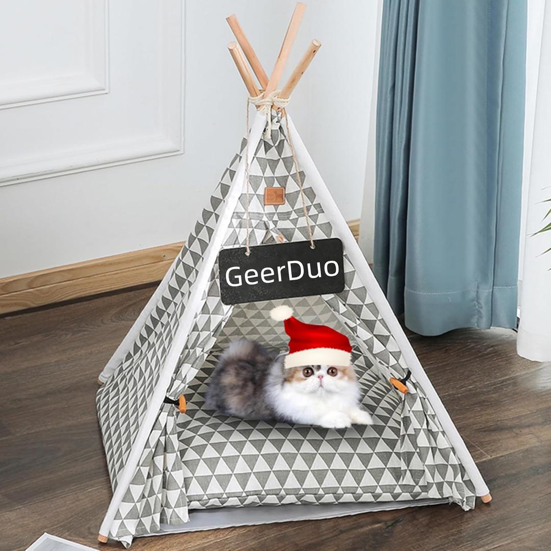 Pet Teepee, Portable Pet Tents for Small Dogs or Cats, Puppy Sweet Bed Washable Dog or Cat Houses with Cushion(Grey2,24in)