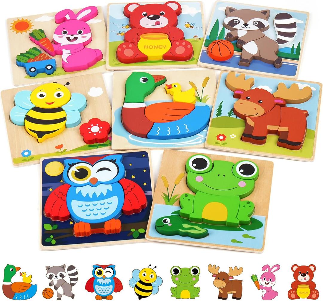 BenBen Wooden Puzzles for Toddlers 1-3, 8 Pack Animal Puzzles for Toddlers 2-4, Montessori Toys for 1 2 3 Year Old Boys Girls, Learning Educational Preschool Toys