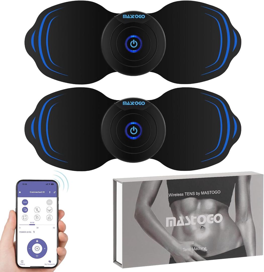 MASTOGO Wireless Tens Unit Muscle Stimulator - Two Sets of Tens Unit Massager for Pain Relief - Up to 12 Mode 20 Intensity Portable with App Controlled Bluetooth TENS EMS Muscle Stimulator Machine