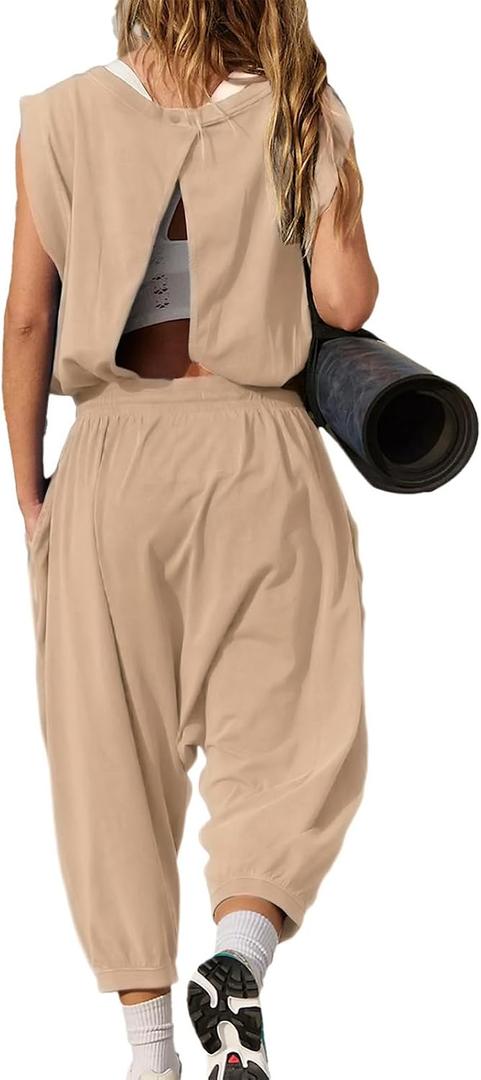 Women's Athletic One Piece Jumpsuit,Sleeveless Open Back Yoga Romper with Pockets,Jogger Tracksuit for Gym,Running (XS)