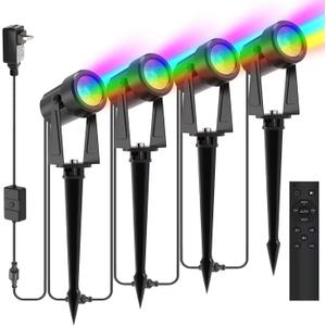 SUNTHIN Outdoor Landscape Lighting with Remote, RGBW Color Changing Spot Uplights, IP65 Waterproof & Connectable, 4 Pack (Multicolor)