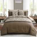 WONGS BEDDING Brown Comforter Set Queen, 7 Pieces Bed in a Bag Floral Patchwork Soft Microfiber Queen Sheet Set with Comforter, Flat Sheet, Fitted Sheet, Pillow Shams,Pillowcases
