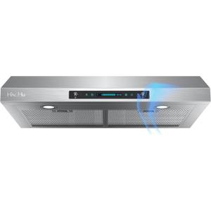 HisoHu 30 Inch Under Ducted Cabinet Range Hood with 1200 CFM, 4 Speed Gesture Sensing Kitchen Exhaust Hood & Touch Control Panel, Stainless Steel Stove Vent Hood with 2 LED Lights
