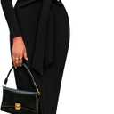 PRETTYGARDEN Women's 2025 Wedding Guest Midi Dresses Semi Formal Long Sleeve Bodycon Tie Waist Cocktail Fall Fashion Clothes (Black,Large)