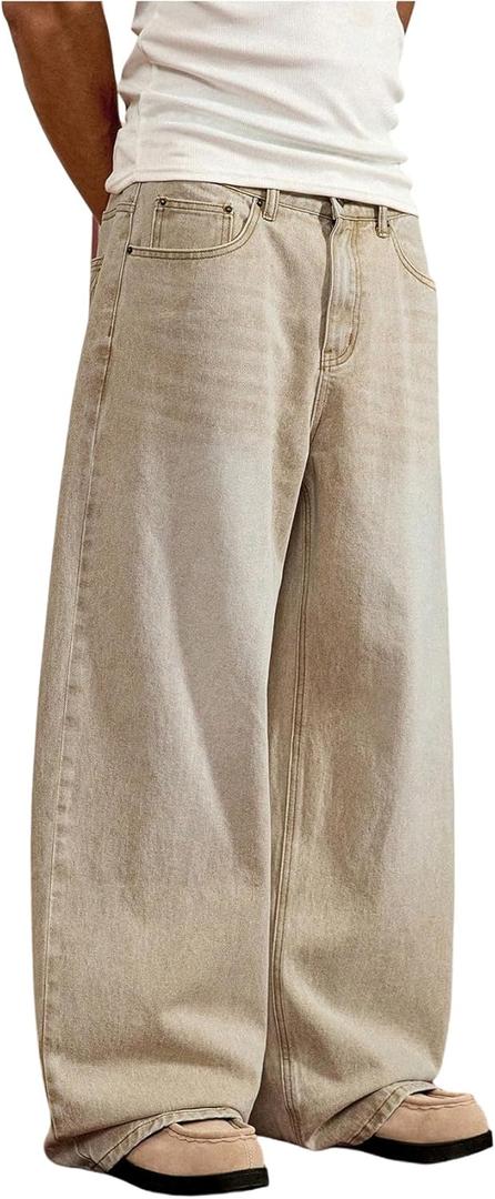 SOLY HUX Men's Baggy Jeans Vintage Straight Leg Loose Fit Skater Denim Pants Streetwear (Large, Plain Khaki)