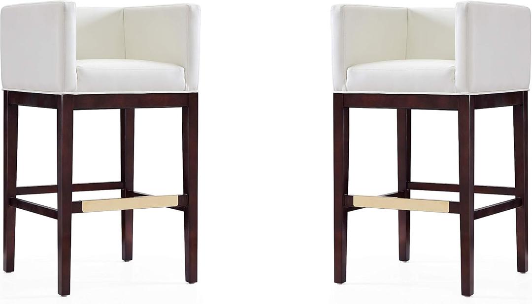 Manhattan Comfort Kingsley 30 Inch Mid Century Modern Bar Stools - Faux Leather Padded Seat, Classic Club Chair Design, Beech Wood Base with Footrest, Fully Assembled Barstools, Set of 2, Ivory