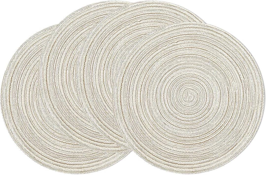 SHACOS Round Braided Placemats Set of 4 Washable Table Placemats Cotton Polyester Place Mats 15 inch Circle Table Mats for Holiday Party (Ivory, 4)