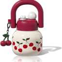 22 oz Tote Water Bottle with Straw and Carry Handle, Wide Mouth Vacuum Insulated Medical Grade Stainless Steel Tumbler, Travel Coffee Cup for Women Easy Carry, Cherry (White)