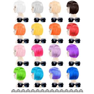 16 Pack Colored Bob Wigs with Bangs, Colorful Wigs with Sunglasses Bulk, Neon Party Fun Hair Wig for Women Costume Cosplay (Multicolor)