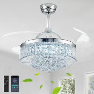 42'' Fandelier Ceiling Fans with Light, Chandelier Ceiling Fan, Retractable Ceiling Fan for Bedroom, Living Room, 3 Color Change, LED Dimmable, 6 Speeds, Reversible DC Motor- Chrome