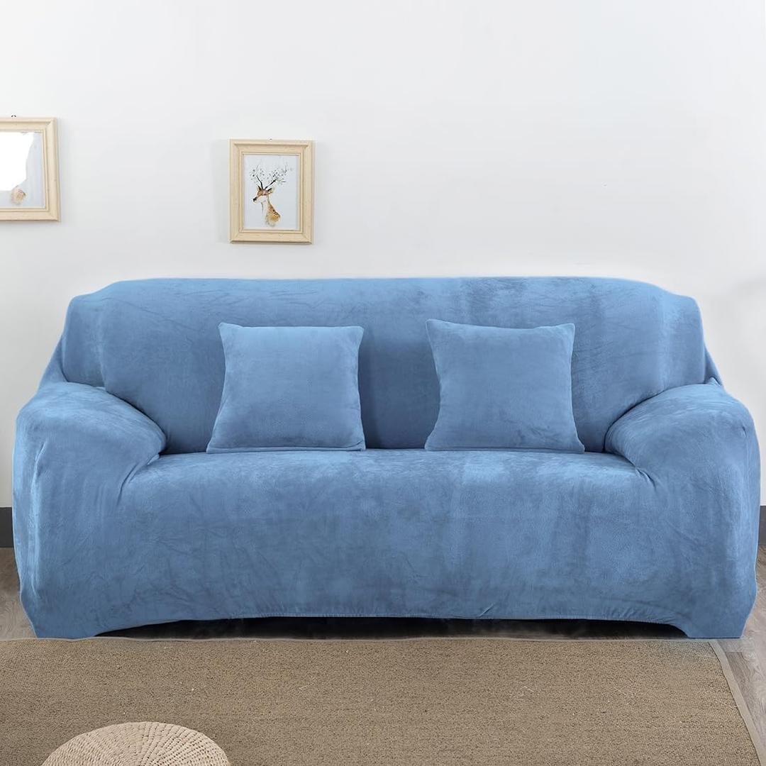 vctops 1-Piece Velvet Plush Stretch Loveseat Sofa Slipcover with Elastic Bottom Soft Fuzzy Fluffy Sofa Covers for 2 Cushion Couch Furniture Protector for Kids, Pet (Grey Blue,Loveseat)