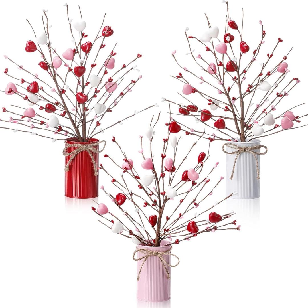 Zeyune 3 Sets Mother's Day Heart Berry Table Centerpiece, 6 Artificial Heart Berry Stems Picks with Metal Vase Pot, Fake Flower Arrangement for Wedding Reception, Mother's Day Decor