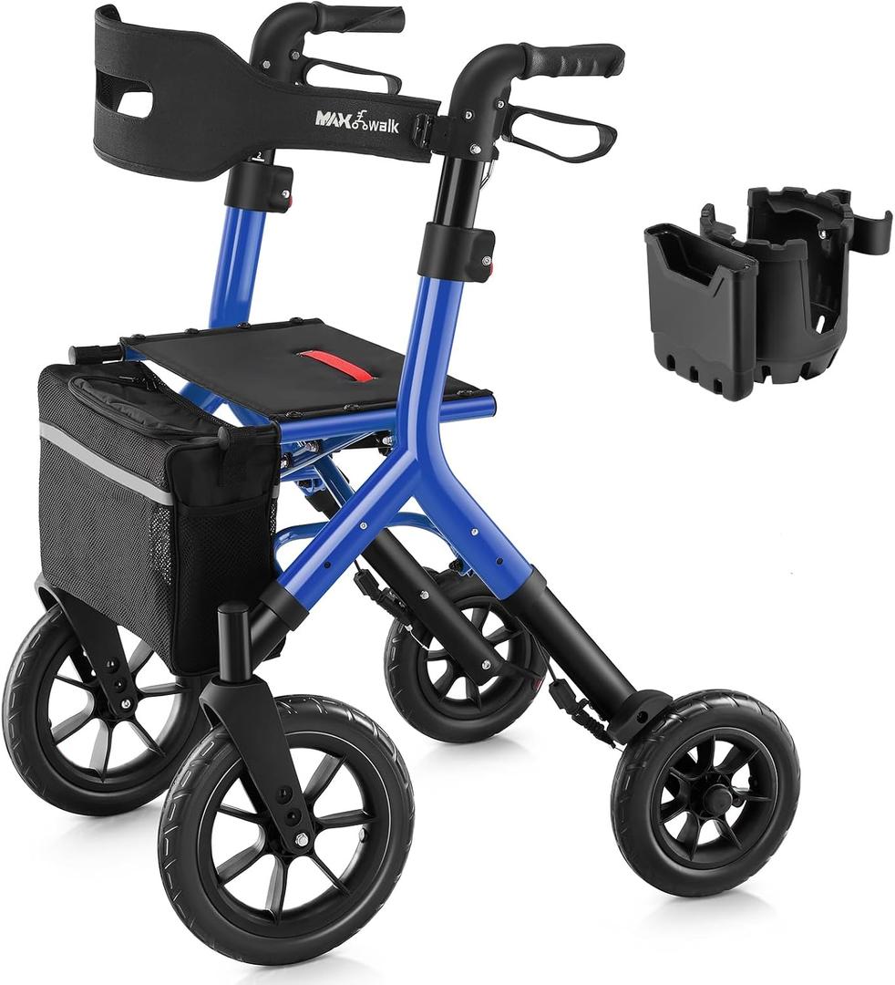 MAXWALK Rollator Walker with Seat, Tall Walkers for Seniors, 12" Big Rubber Wheels All Terrain Rollator Walker with Backrest, Built-in Cable, Foldable and Dual Adjustable Height for 5.3-7ft, Blue