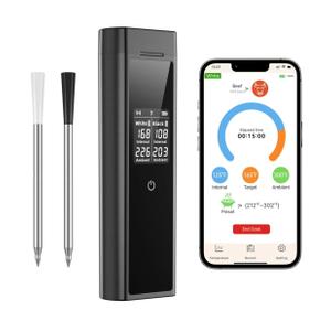 Smart Wireless Meat Thermometer Digital, 2 Probes, Advanced Bluetooth Food Thermometer for Cooking, IP67, Real-Time Monitoring & Smart Alerts with APP for BBQ, Grill, Oven, Smoker, Kitchen Gifts