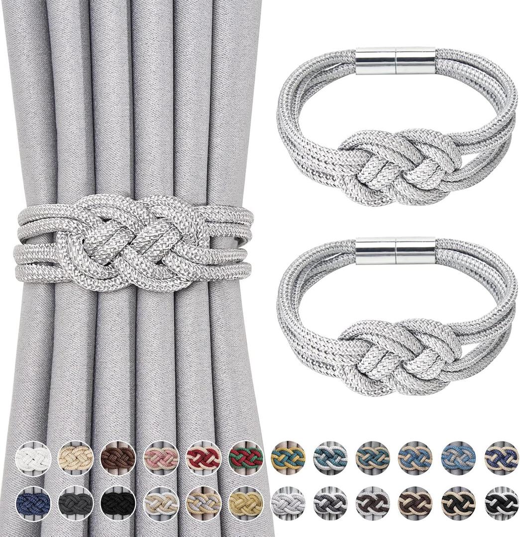 NICEEC 2 Pack Strong Magnetic Curtain Tiebacks Upgrade Nordic Simple Style Drape Tie Backs Double Color Weave Rope Knot Decorative Curtain Holdbacks for Home & Office Window Drapery (Silver Grey)