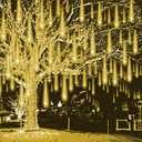 Christmas Lights Outdoor Falling Rain Meteor Shower Lights 12 inch 8 Tube 192 LED Snowfall Icicle Cascading String Light for Xmas Tree Christmas Decorations Holiday Garden, UL Plug,Warm White