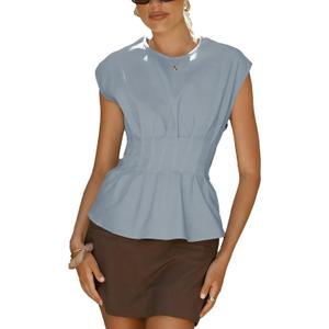 Women's Peplum Tops Short Sleeve Summer Blouses T-Shirts Dressy Casual Crew Neck Pleated Babydoll Top for Work, XL
