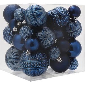 Christmas Ball Ornaments Navy Blue Christmas Tree Decorations with Hang Rope - 36pcs Shatterproof Christmas Ornaments Set with 6 Styles in 3 Sizes (Small Medium Large)