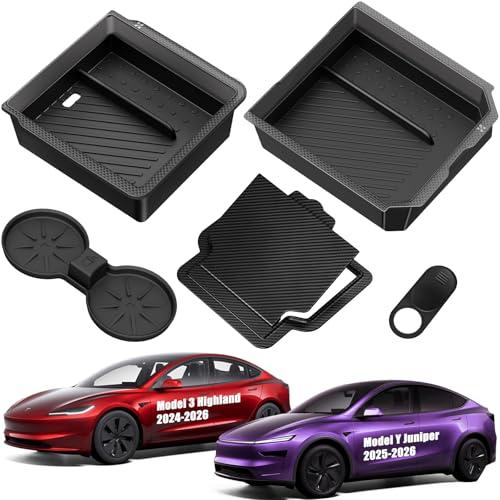 XINTUO Center Console Organizer Tray for Tesla Model Y Juniper 2025-2026 & Model 3 Highland 2024-2026 [Premium PC + Silent Silicone Liner] Cup Holder for Tesla Model Y Juniper Accessories