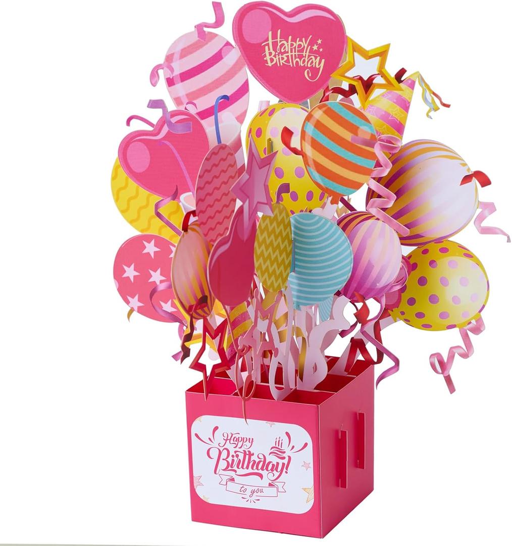 3D Pop Up Birthday Card with Balloon Bouquet Design, 6 x 11 inches, Pink Box Card with Envelope,Unique Handmade Foldable Celebration Cards for Daughter, Son, Mom, Dad, Friend