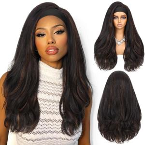LADY MIRANDA 26 Inch Yaki Wavy Headband Wig for Black Women Kinky Straight Half Wig with Layered Blowout Texture Glueless Wear and Go Synthetic Wig Natural-Looking Headband Wigs for Black Women P1B/30